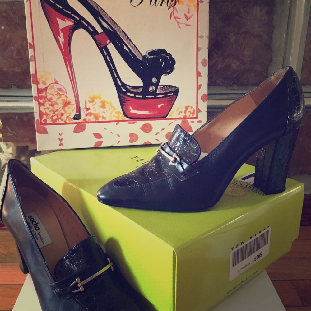 COPY - Sacha London navy snakeskin pumps.